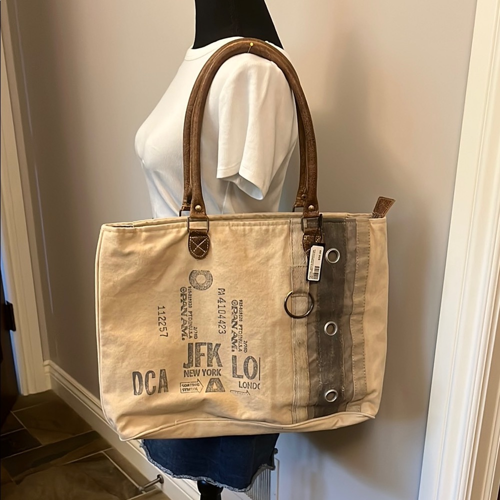 Beige Canvas Tote with Brown Handles